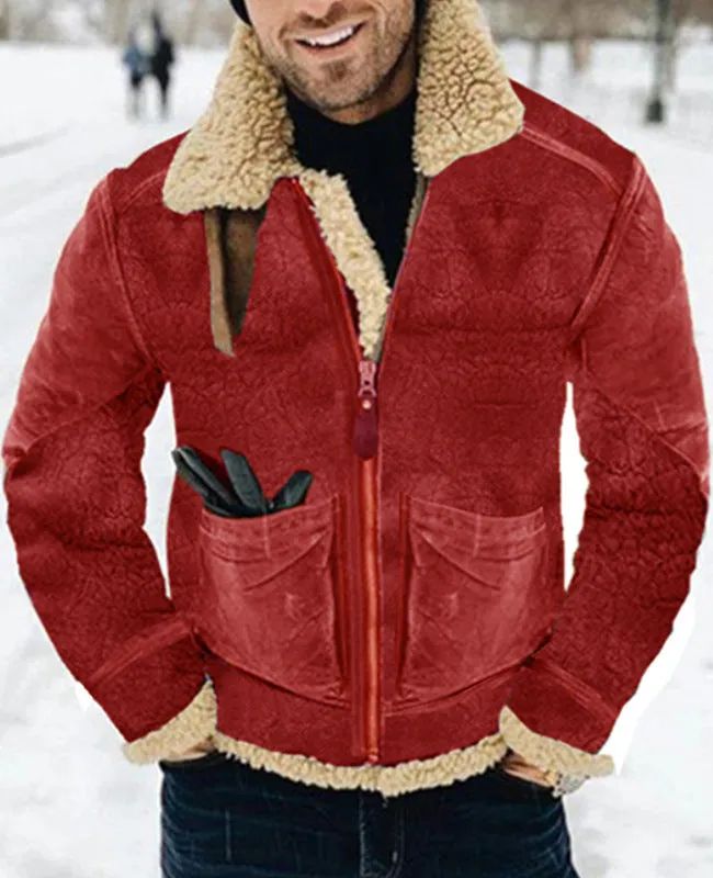 Thickened lambswool mid-length faux leather jacket