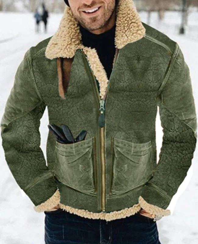 Thickened lambswool mid-length faux leather jacket