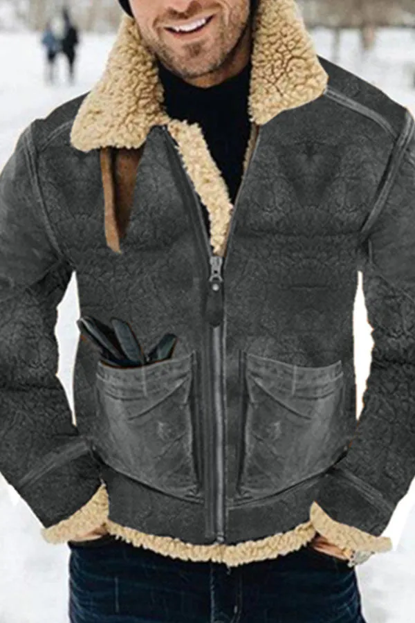 Thickened lambswool mid-length faux leather jacket