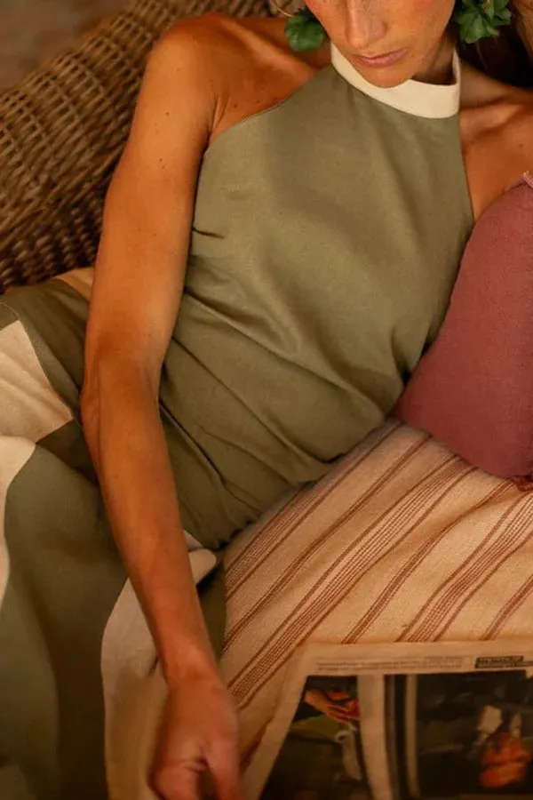 Timeless Style Linen Blend Halter Backless Tank and Colorblock Maxi Skirt Set
