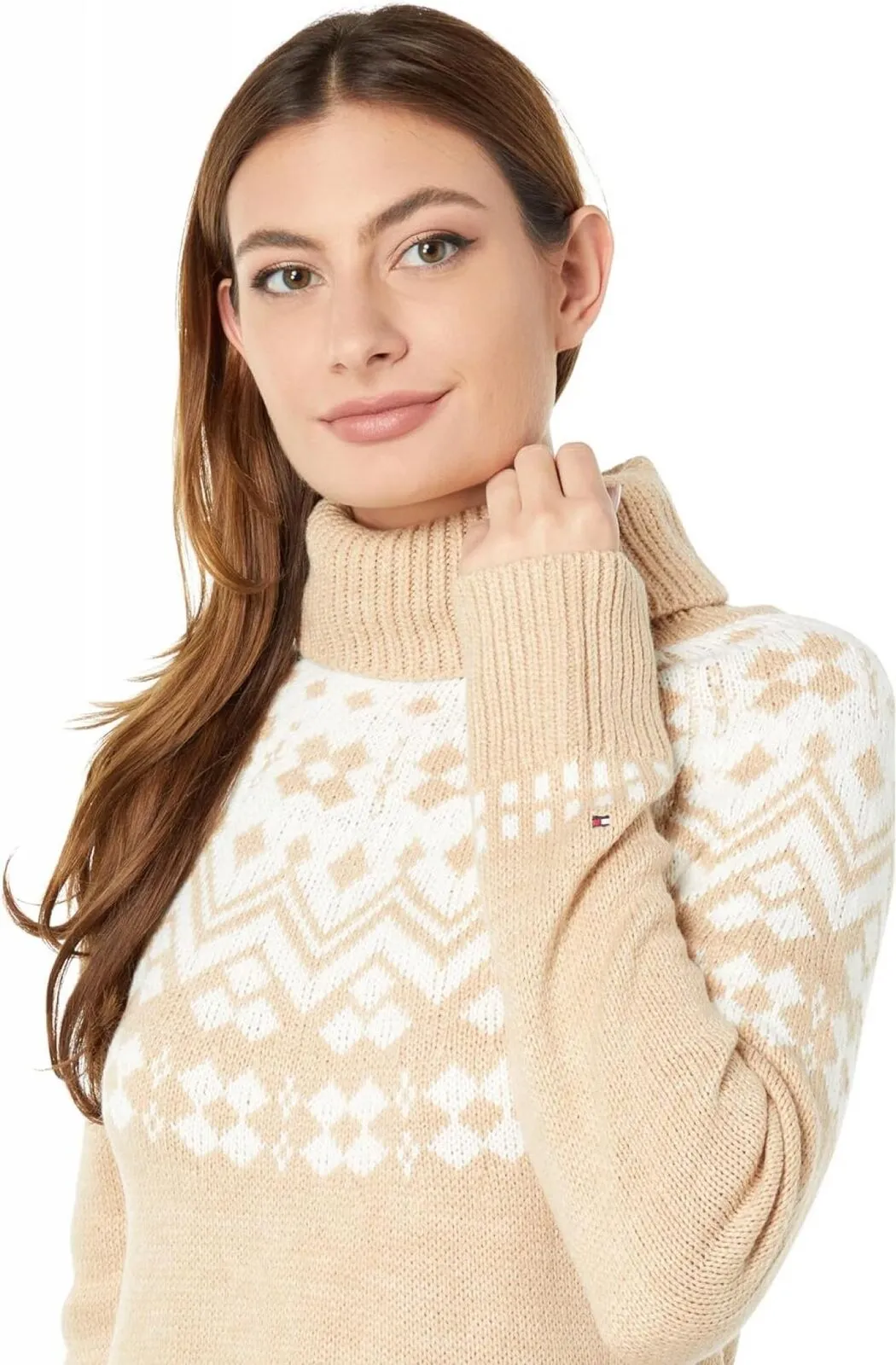 Tommy Hilfiger Frosted Yoke Turtleneck Sweater Fawn Brown / Ivory L
