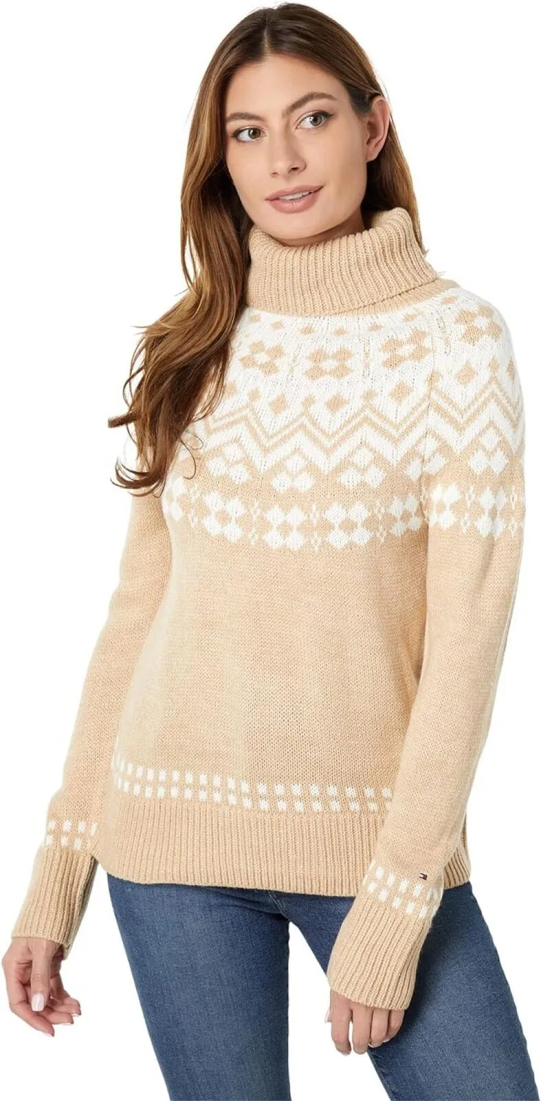 Tommy Hilfiger Frosted Yoke Turtleneck Sweater Fawn Brown / Ivory L