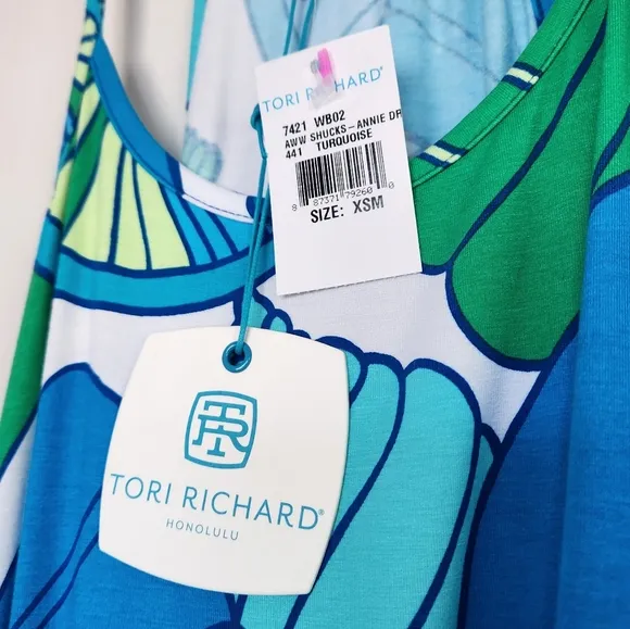 TORI RICHARD Honolulu Aw Shucks Tourquoise Blue Green Shell Resort Dress XS
