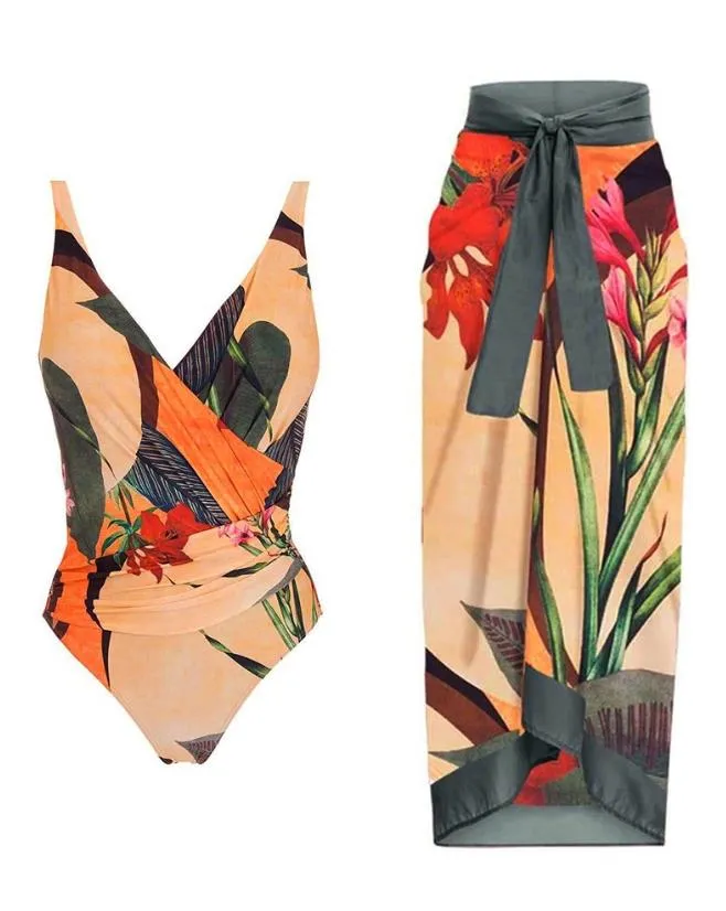 Tropical Print Ruched One-Piece Swimsuit with Cover Up Sleeveless Summer Sexy Backless Tied Detail Beach Vacation Swimwear