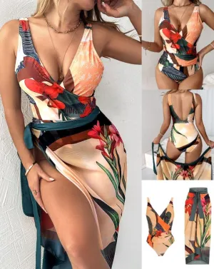 Tropical Print Ruched One-Piece Swimsuit with Cover Up Sleeveless Summer Sexy Backless Tied Detail Beach Vacation Swimwear