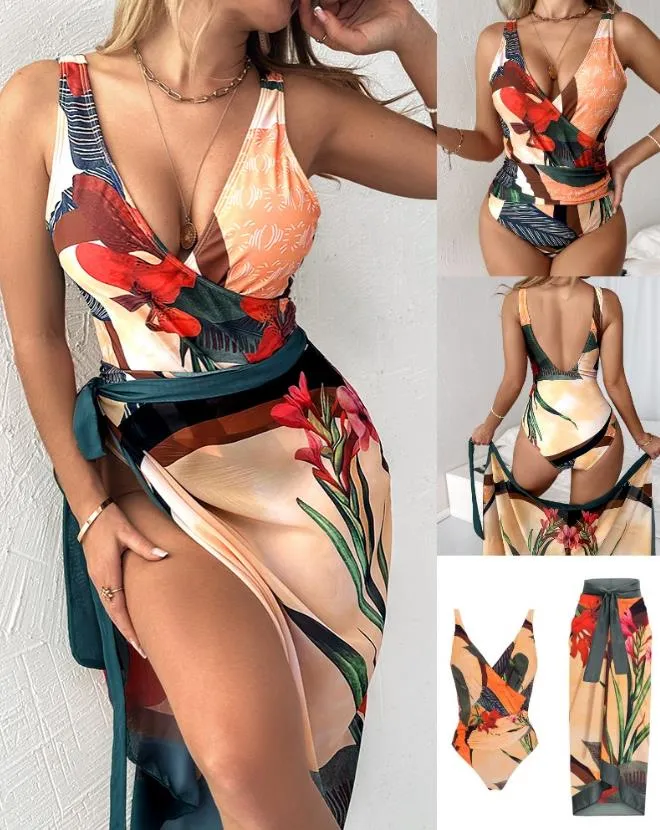 Tropical Print Ruched One-Piece Swimsuit with Cover Up Sleeveless Summer Sexy Backless Tied Detail Beach Vacation Swimwear