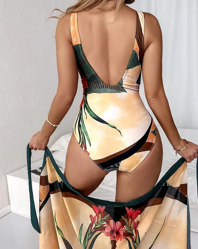 Tropical Print Ruched One-Piece Swimsuit with Cover Up Sleeveless Summer Sexy Backless Tied Detail Beach Vacation Swimwear