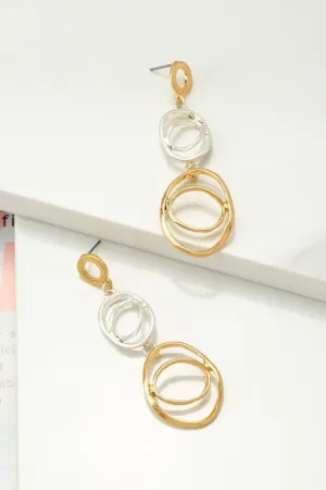 Two Tone Linear Hammered Circle Drop Earrings