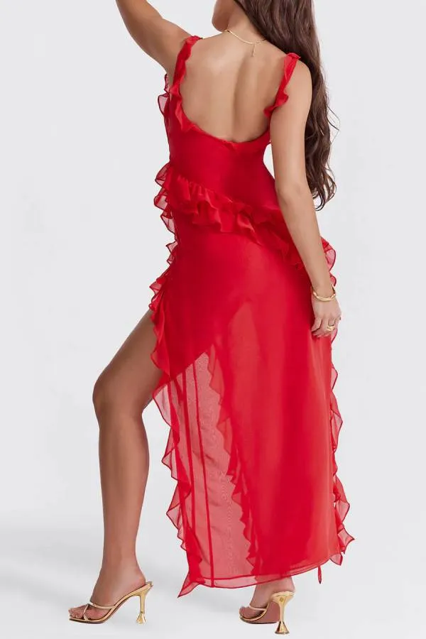 Ultra-sexy Silhouette Ruffle High Slit Lightweight Maxi Dress