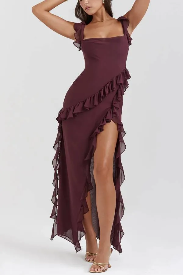 Ultra-sexy Silhouette Ruffle High Slit Lightweight Maxi Dress