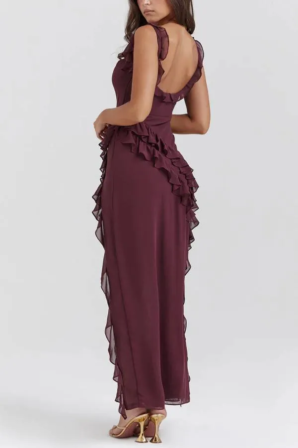 Ultra-sexy Silhouette Ruffle High Slit Lightweight Maxi Dress