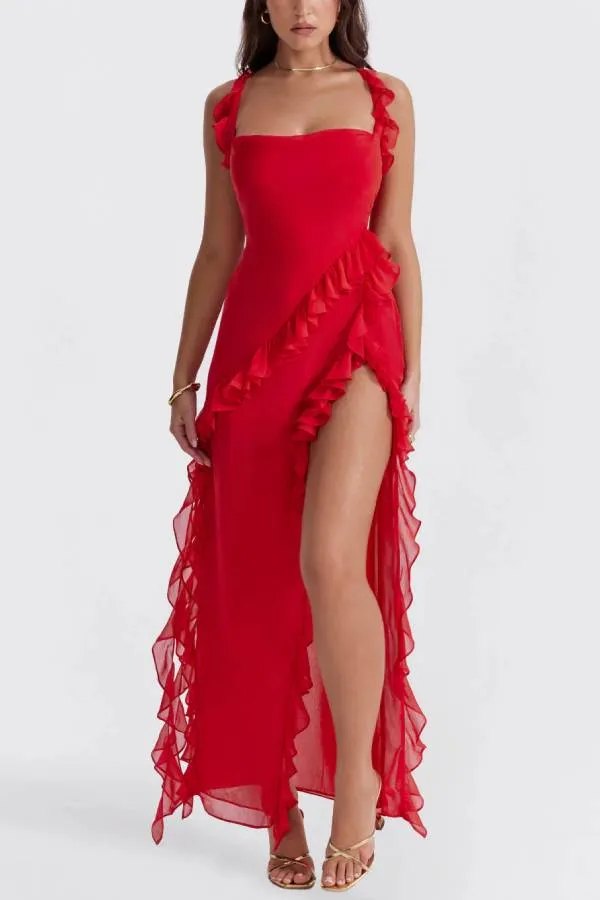 Ultra-sexy Silhouette Ruffle High Slit Lightweight Maxi Dress