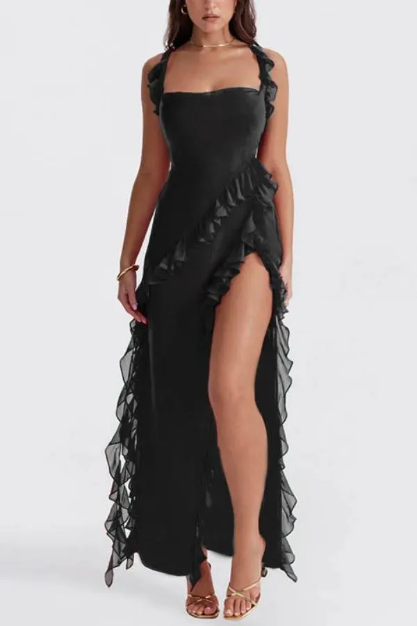 Ultra-sexy Silhouette Ruffle High Slit Lightweight Maxi Dress