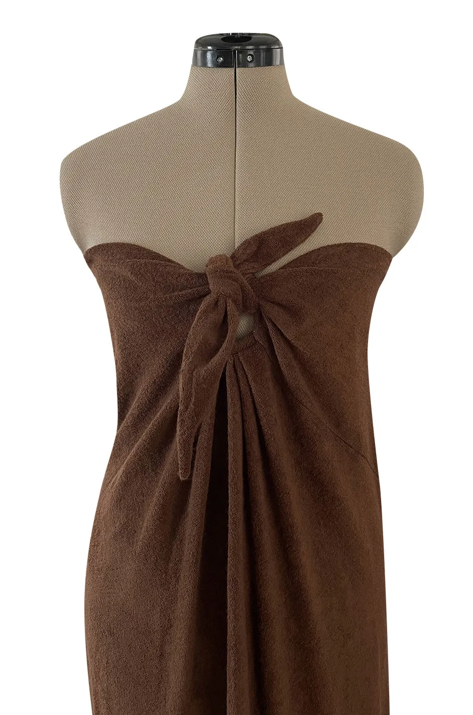 Unusual 1976 Halston Deep Brown Strapless Tie Front Dress in a Soft Terry Cloth