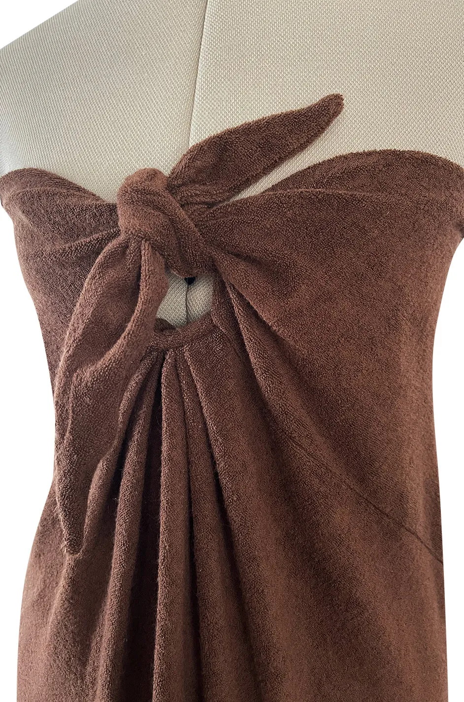 Unusual 1976 Halston Deep Brown Strapless Tie Front Dress in a Soft Terry Cloth