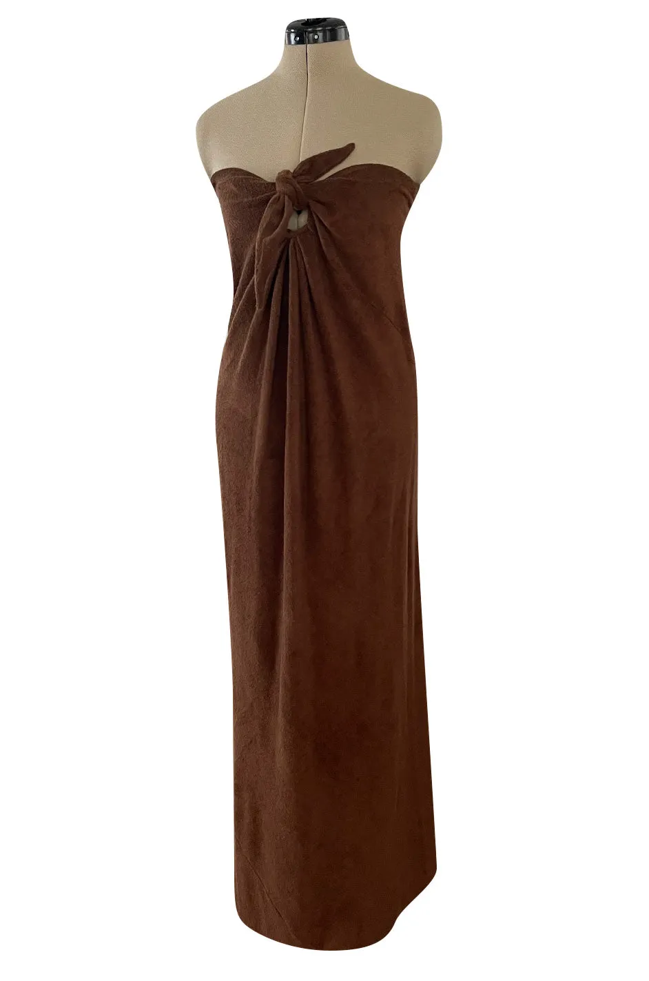 Unusual 1976 Halston Deep Brown Strapless Tie Front Dress in a Soft Terry Cloth
