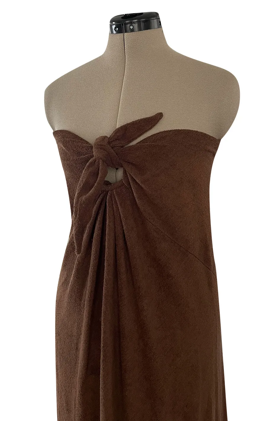 Unusual 1976 Halston Deep Brown Strapless Tie Front Dress in a Soft Terry Cloth