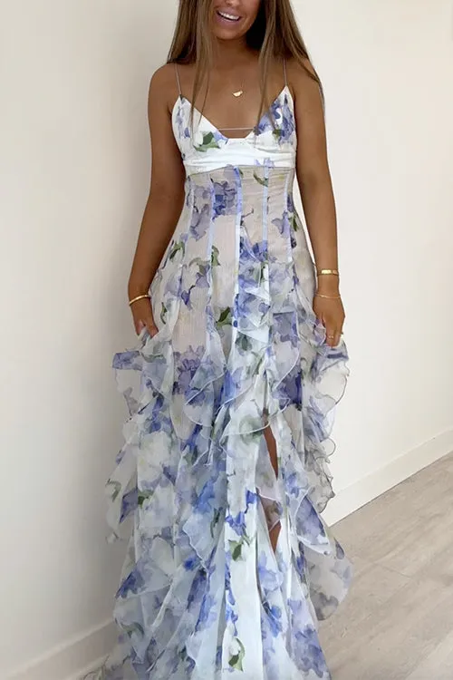 V Neck Backless Cut Out Ruffle Trim Slit Floral Maxi Cami Dress