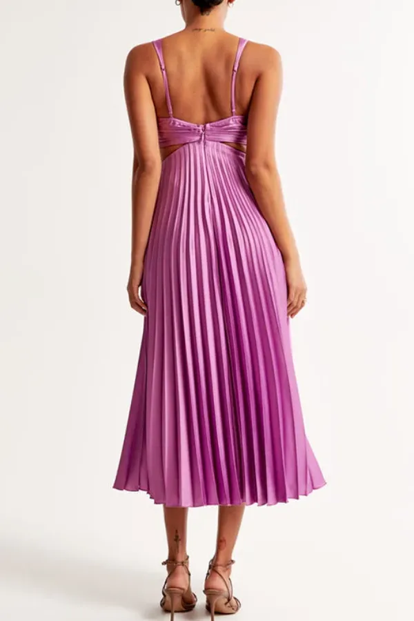 V Neck Cut Out Waist Sleeveless Pleated Maxi Dress