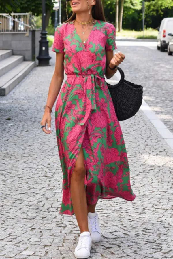 V-neck slit mid-length jumpsuit