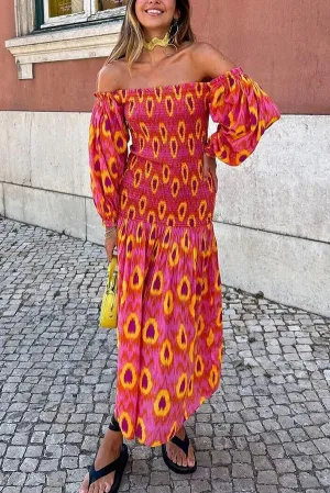 Venita Unique Printed Off Shoulder Balloon Sleeve Smocked Midi Dress