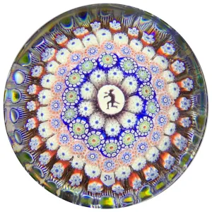 Very Rare Signed Antique Saint-Louis Art Glass Paperweight Close Concentric Millefiori with Dancing Devil Silhouette