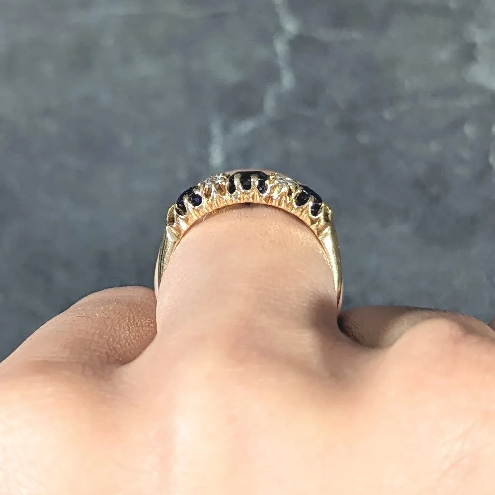 Victorian 2.10 CTW Cushion Cut Sapphire Old European Cut Diamond 18 Karat Yellow Gold Antique Band Ring