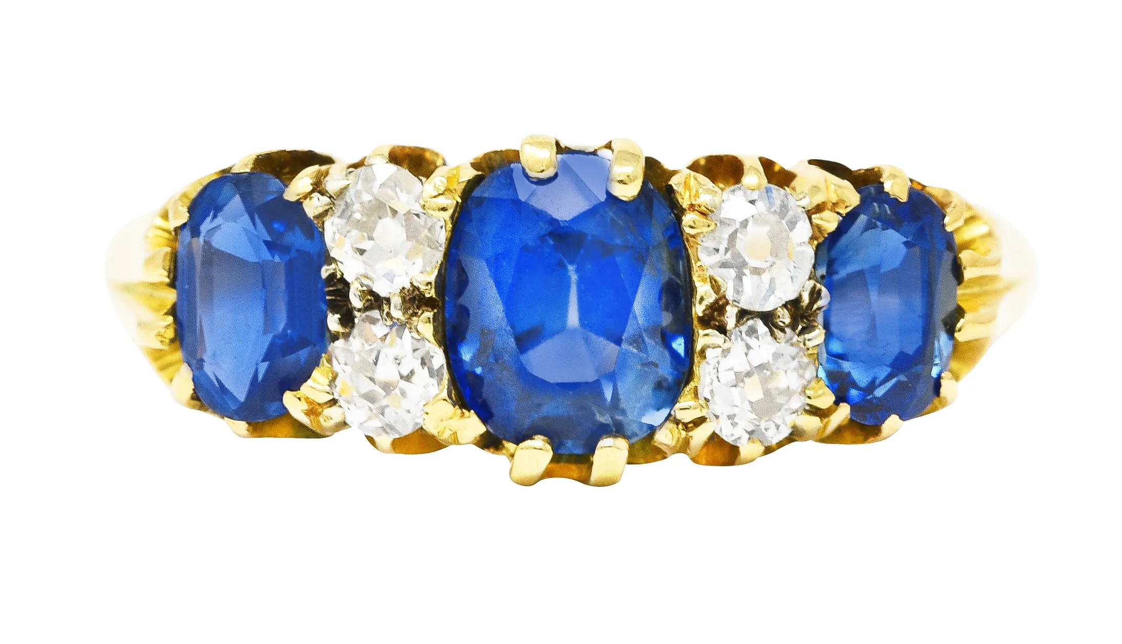Victorian 2.10 CTW Cushion Cut Sapphire Old European Cut Diamond 18 Karat Yellow Gold Antique Band Ring