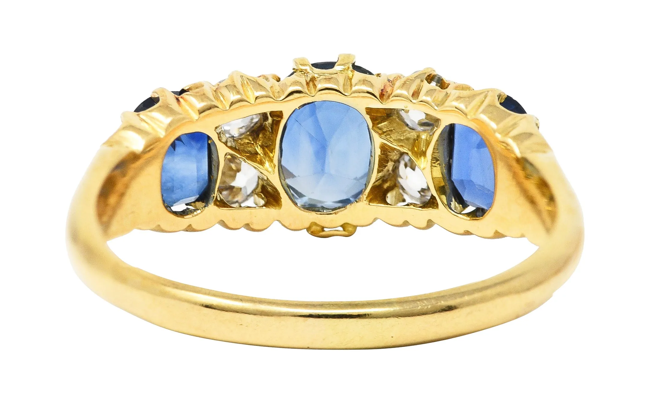 Victorian 2.10 CTW Cushion Cut Sapphire Old European Cut Diamond 18 Karat Yellow Gold Antique Band Ring
