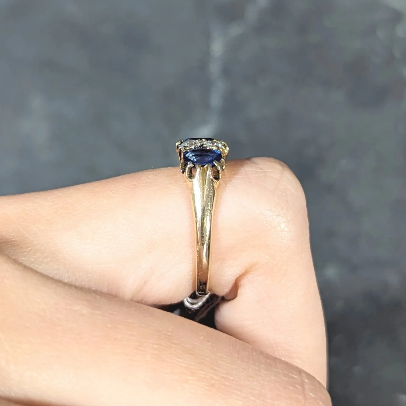 Victorian 2.10 CTW Cushion Cut Sapphire Old European Cut Diamond 18 Karat Yellow Gold Antique Band Ring