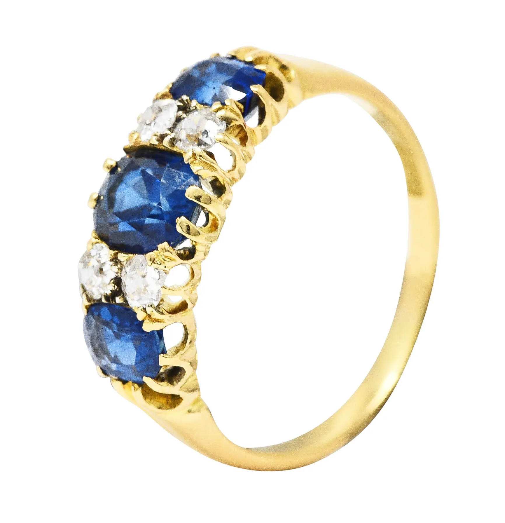 Victorian 2.10 CTW Cushion Cut Sapphire Old European Cut Diamond 18 Karat Yellow Gold Antique Band Ring