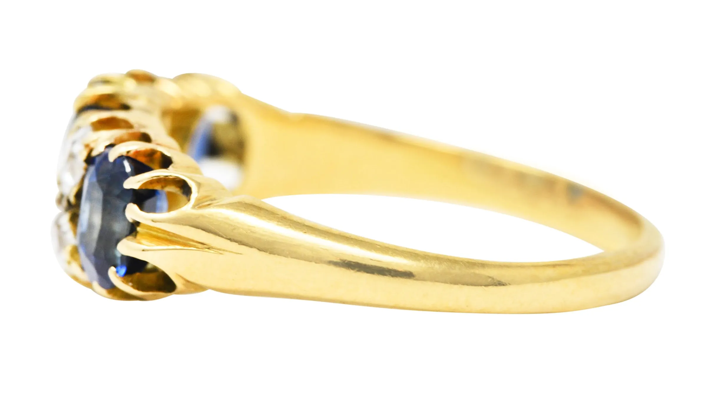 Victorian 2.10 CTW Cushion Cut Sapphire Old European Cut Diamond 18 Karat Yellow Gold Antique Band Ring