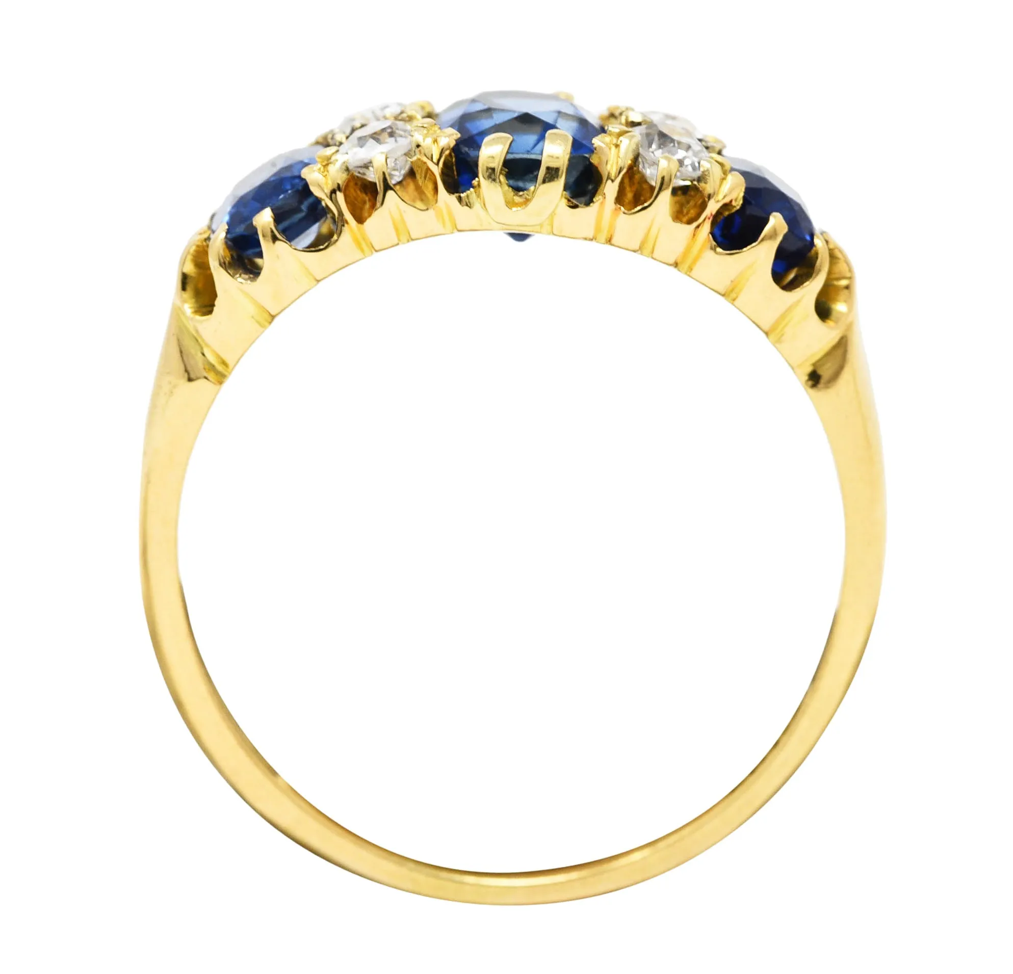 Victorian 2.10 CTW Cushion Cut Sapphire Old European Cut Diamond 18 Karat Yellow Gold Antique Band Ring