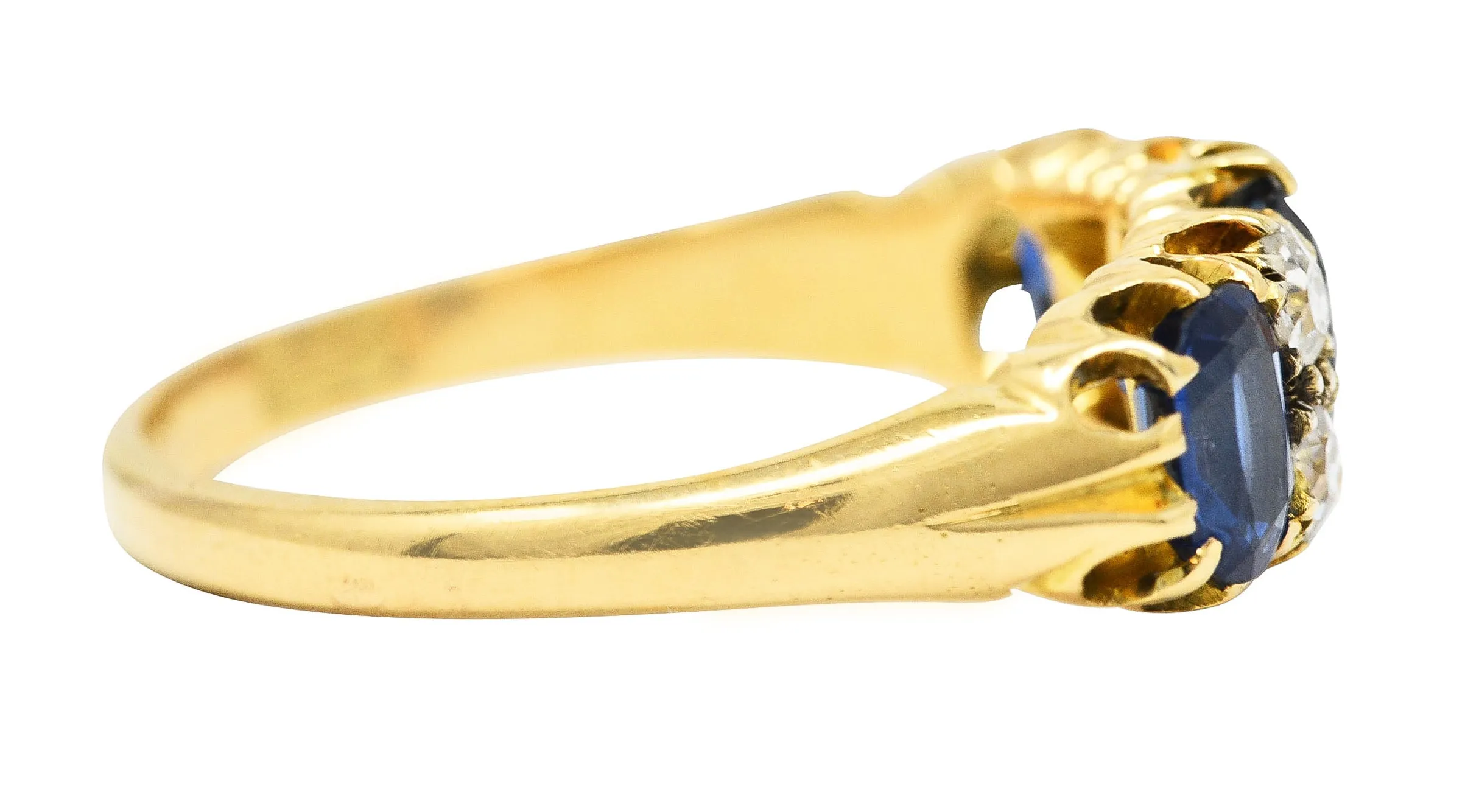 Victorian 2.10 CTW Cushion Cut Sapphire Old European Cut Diamond 18 Karat Yellow Gold Antique Band Ring