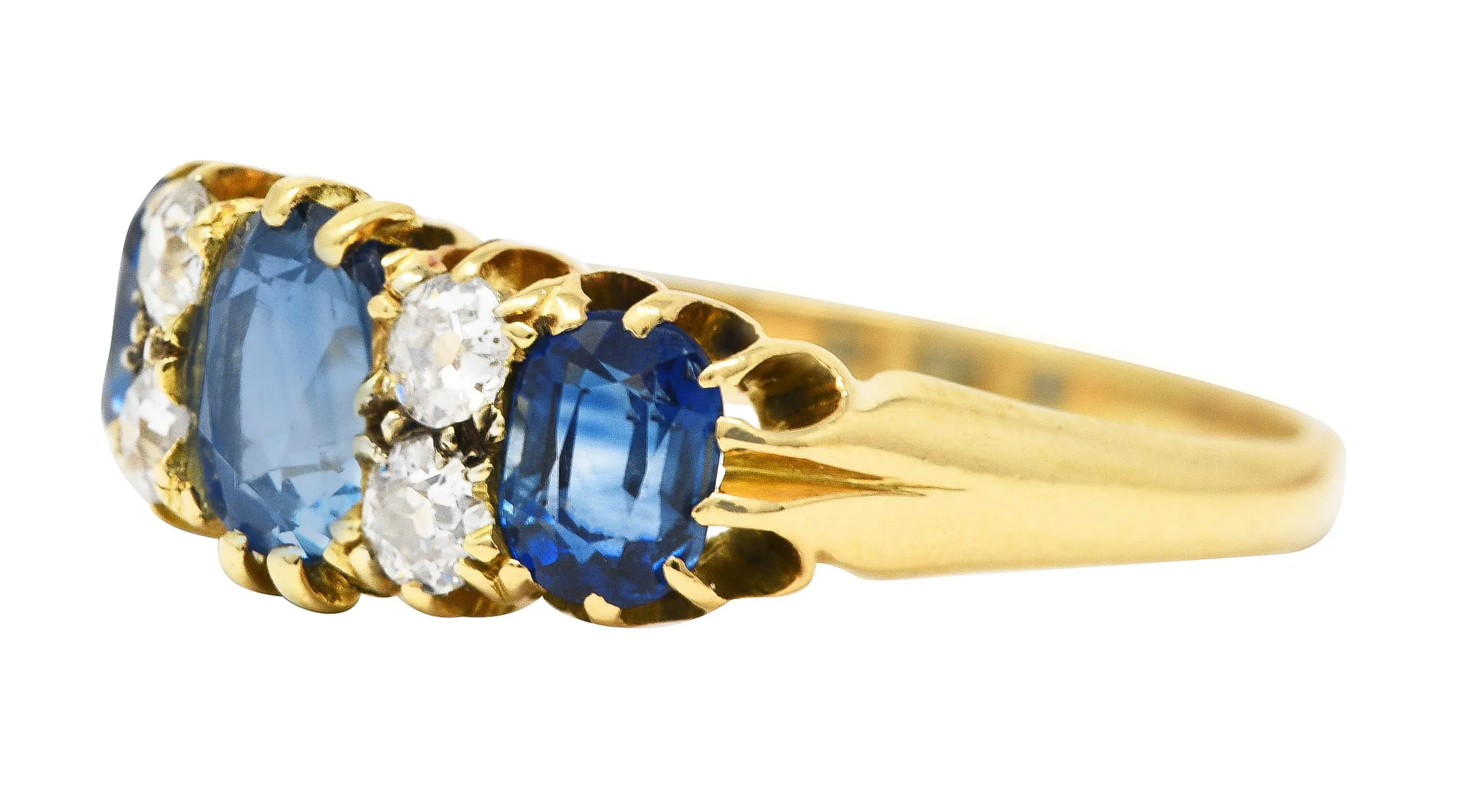 Victorian 2.10 CTW Cushion Cut Sapphire Old European Cut Diamond 18 Karat Yellow Gold Antique Band Ring