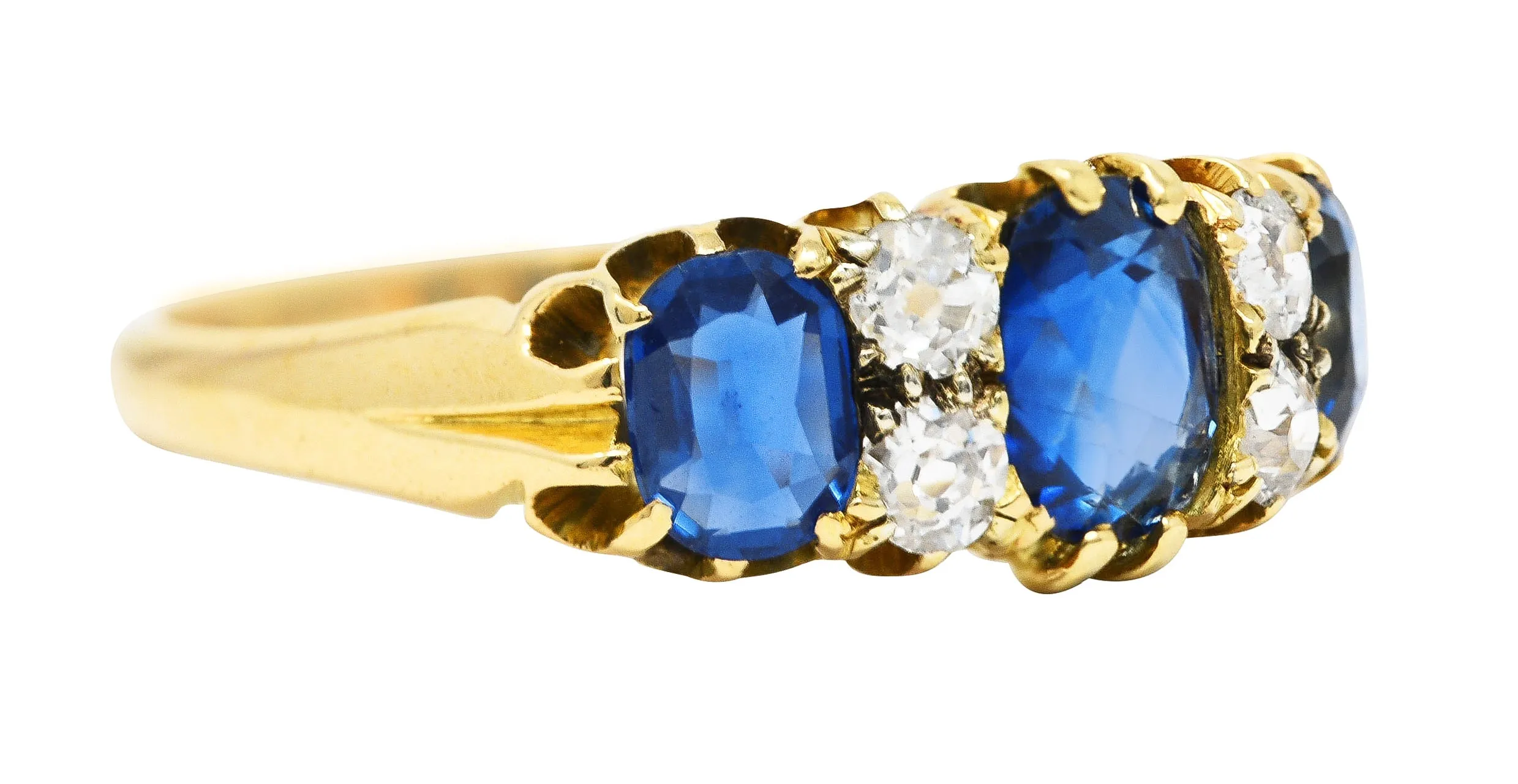 Victorian 2.10 CTW Cushion Cut Sapphire Old European Cut Diamond 18 Karat Yellow Gold Antique Band Ring