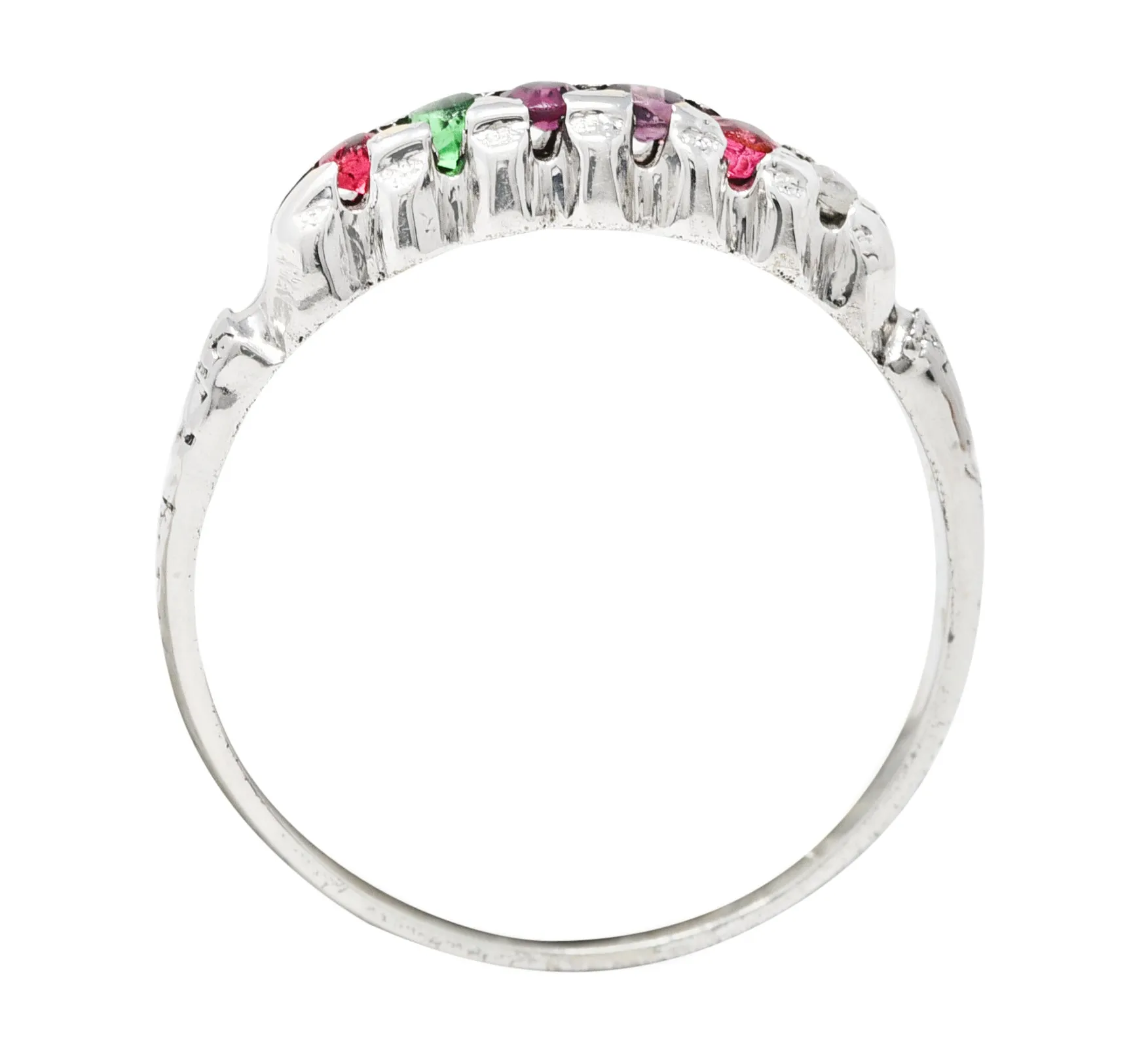 Victorian Ruby Emerald Garnet Amethyst Diamond 14 Karat White Gold REGARD Antique Acrostic Band Ring