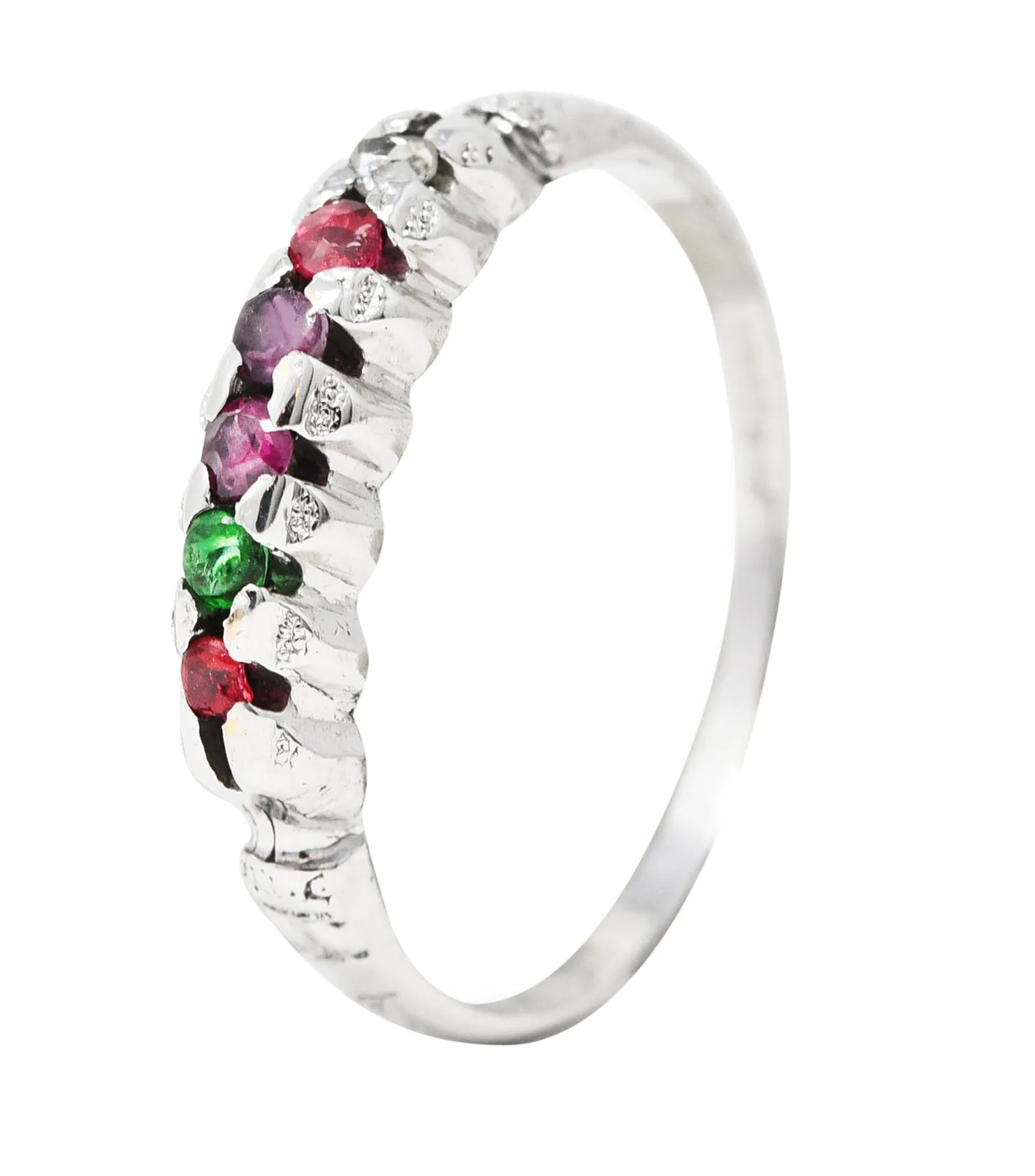 Victorian Ruby Emerald Garnet Amethyst Diamond 14 Karat White Gold REGARD Antique Acrostic Band Ring