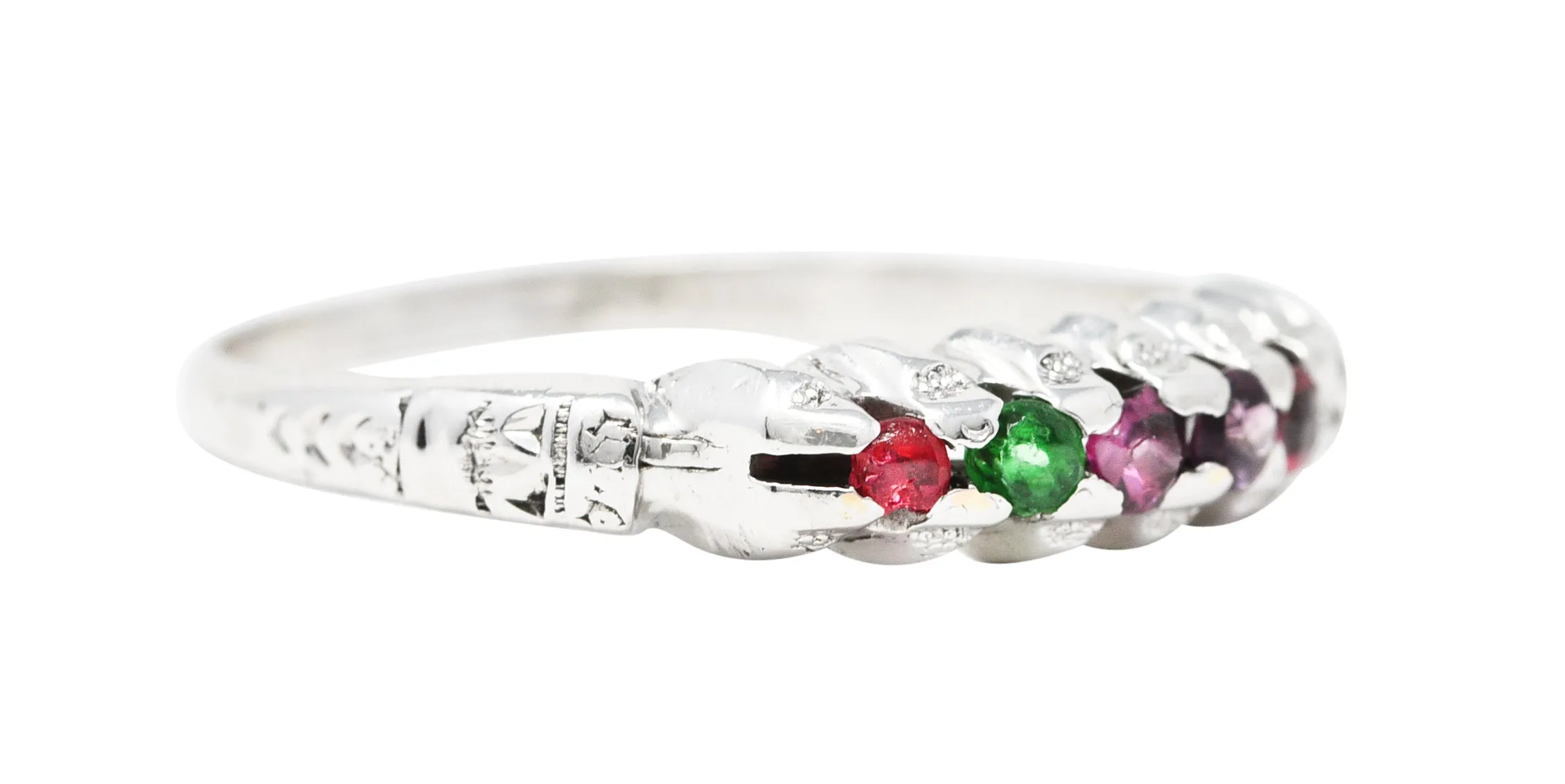 Victorian Ruby Emerald Garnet Amethyst Diamond 14 Karat White Gold REGARD Antique Acrostic Band Ring