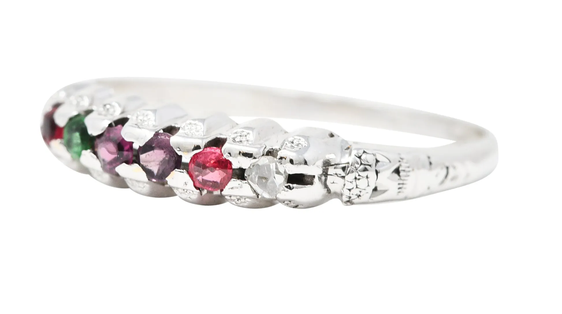 Victorian Ruby Emerald Garnet Amethyst Diamond 14 Karat White Gold REGARD Antique Acrostic Band Ring