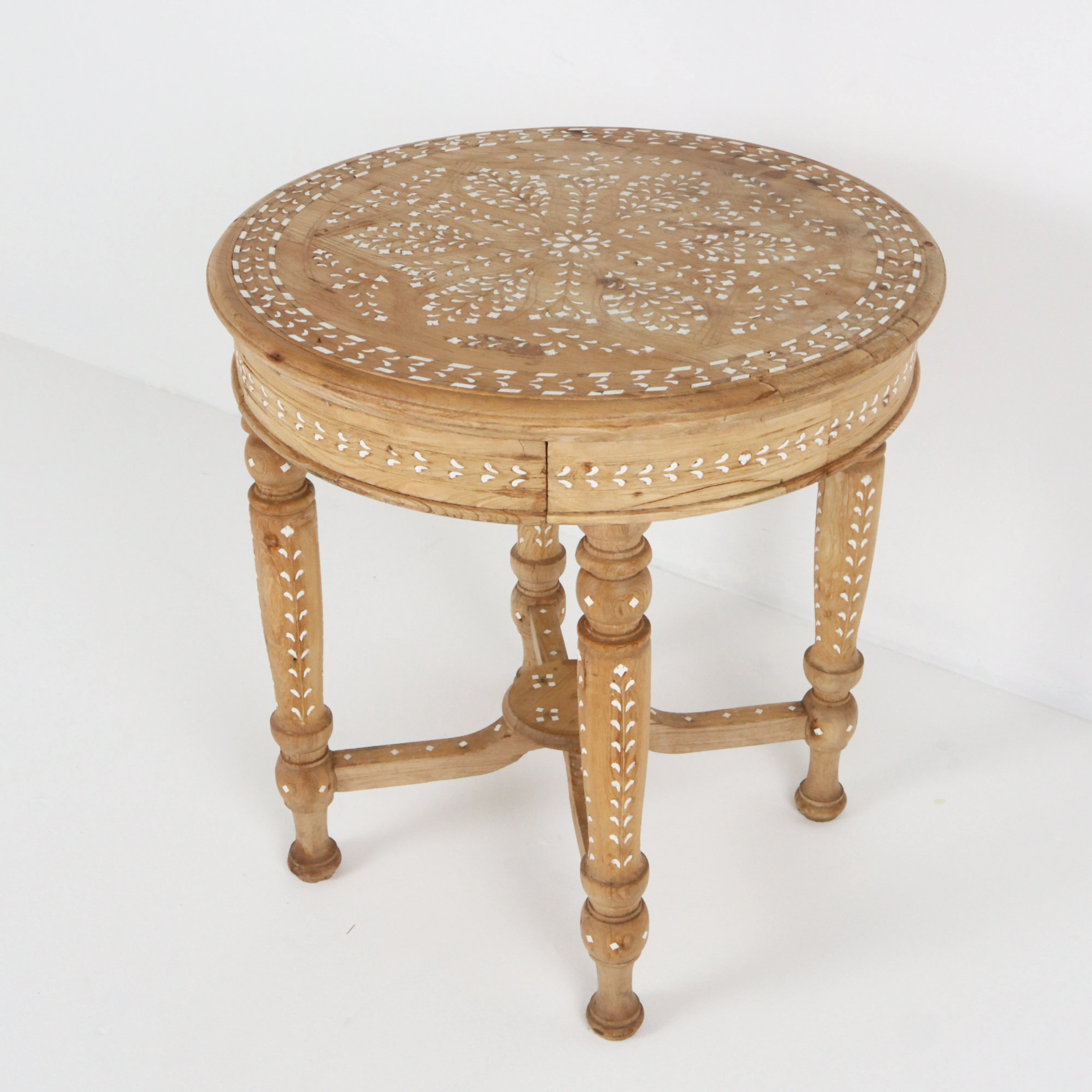 Vintage Bleached Bone Inlay Round Side Table