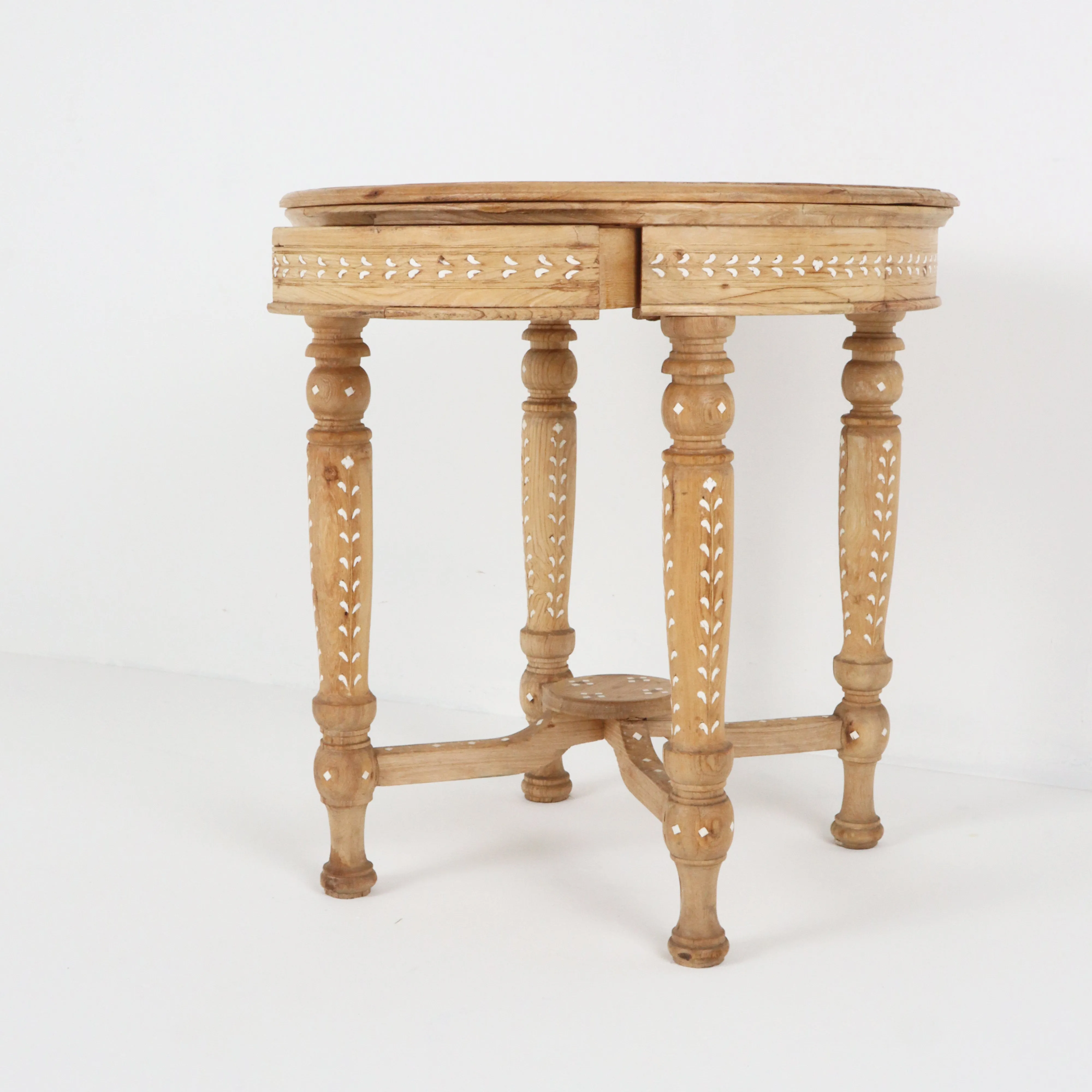 Vintage Bleached Bone Inlay Round Side Table