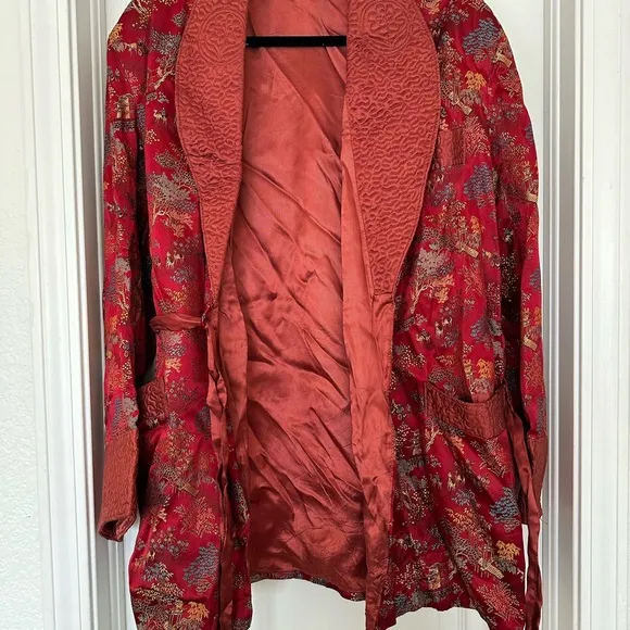 Vintage Elegant Red Women's Robe Smoking Style Jacket