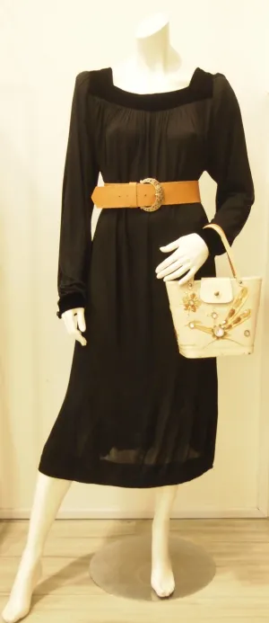 Vintage Trigere Long Sleeve Black Dress with Velvet Collar Trim