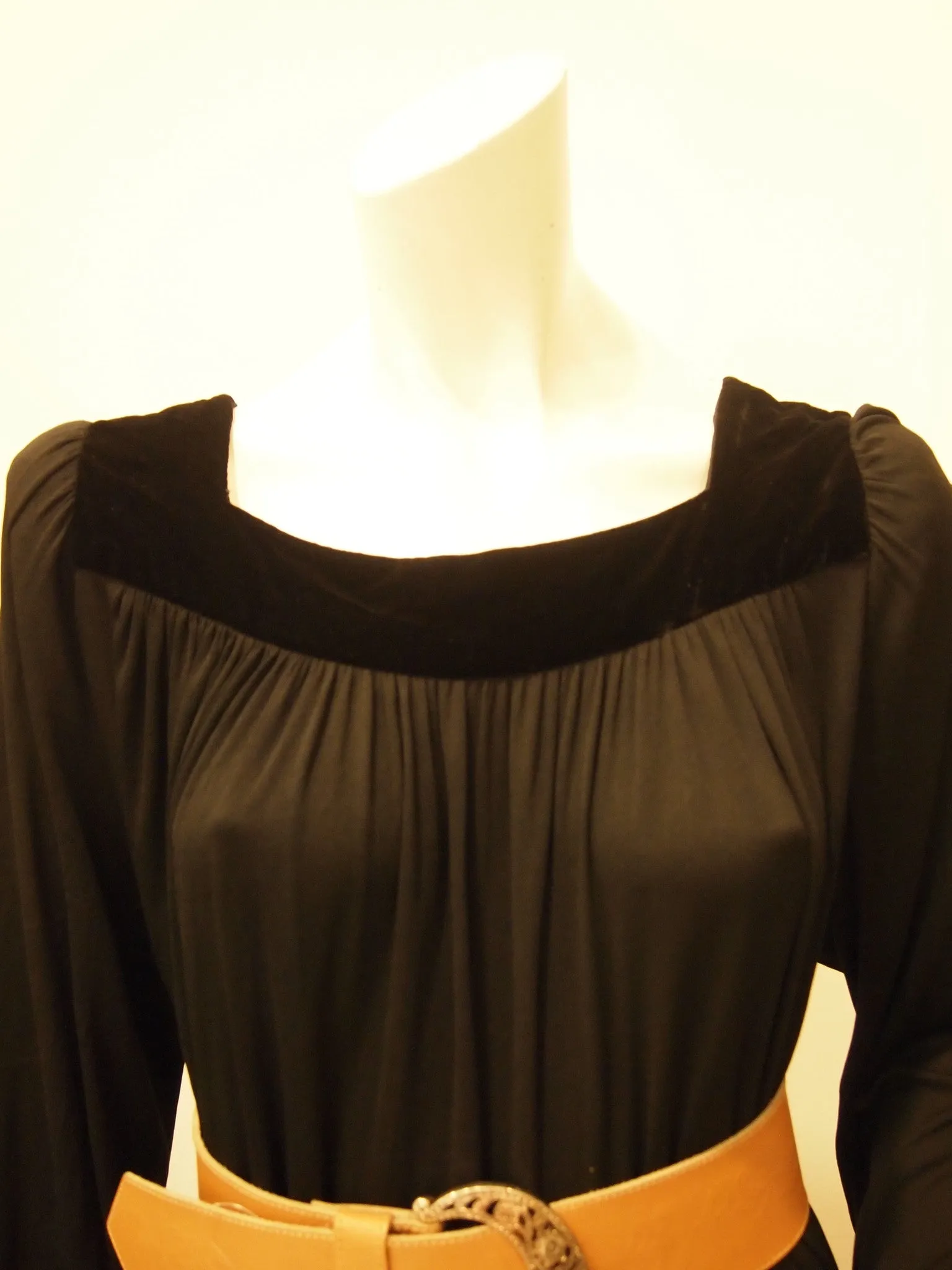 Vintage Trigere Long Sleeve Black Dress with Velvet Collar Trim
