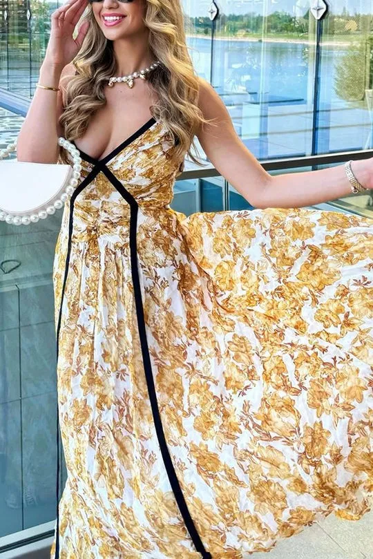 Violet Contrast Unique Print Pleated Backless Strappy Maxi Dress
