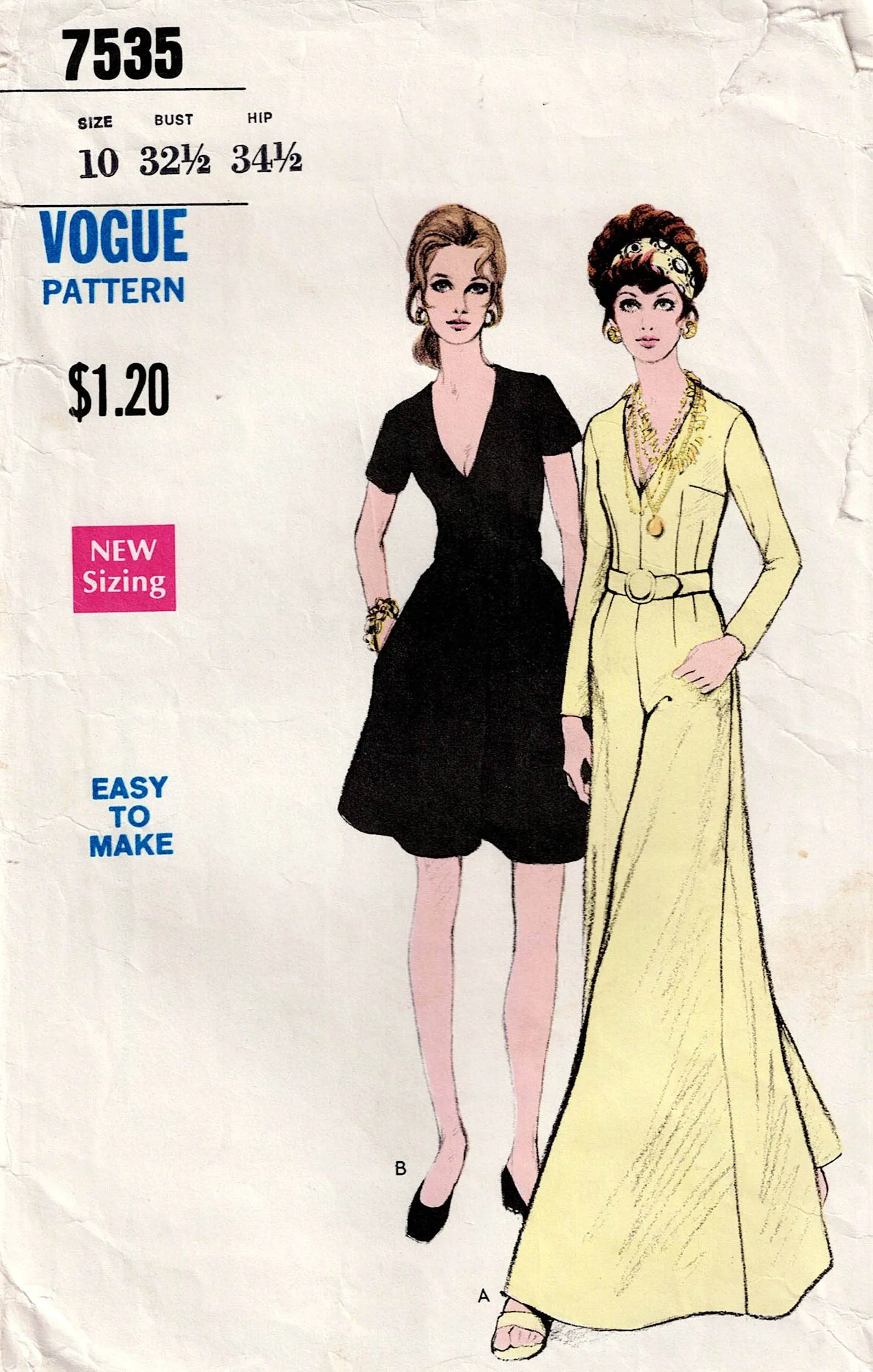 Vogue 7535 RARE Womens Very Wide Leg Palazzo Jumpsuits with Pockets 1960s Vintage Sewing Pattern Size 10 Bust 32 1/2 inches