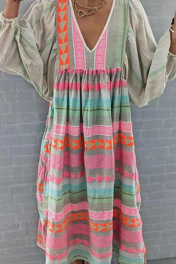 Whisked Away Geometric Color Block Printed A-line Midi Dress