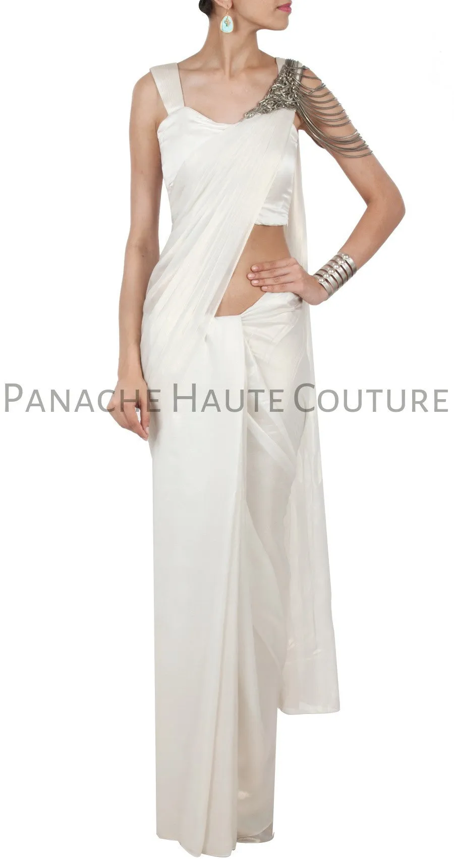 White Color Crepe Designer Saree Gown Online