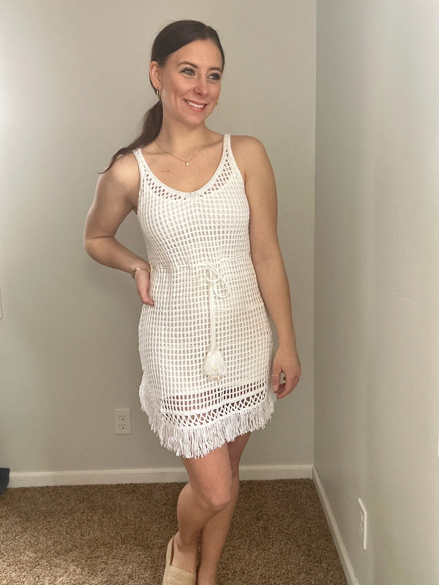 white crochet fringe dress cover up